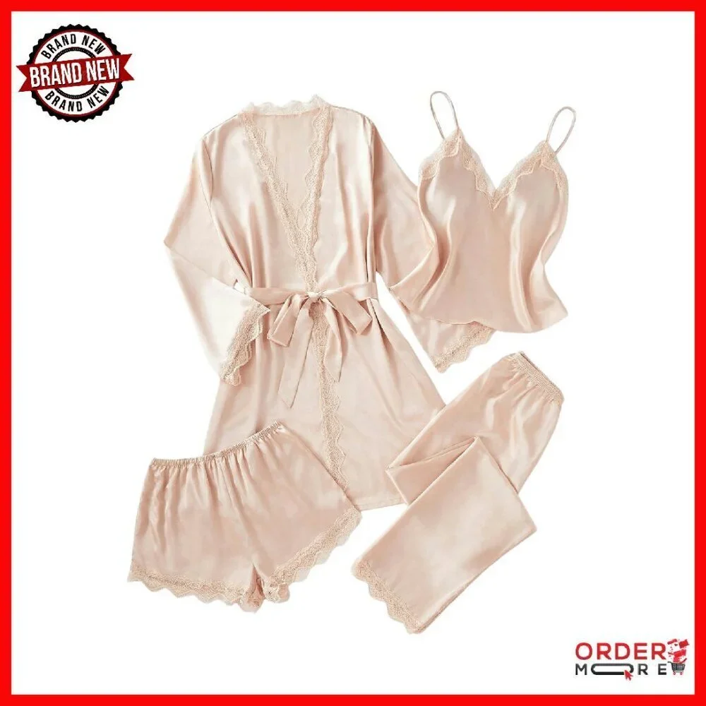 Silk Pajama Set 4pcs with Robe Lace Trim Lounge Sleepwear